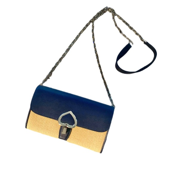 NEW* Kate Spade Robyn Straw HandBag Nightcap Flap Chain Wallet Clutch Navy Logo - Picture 10 of 15
